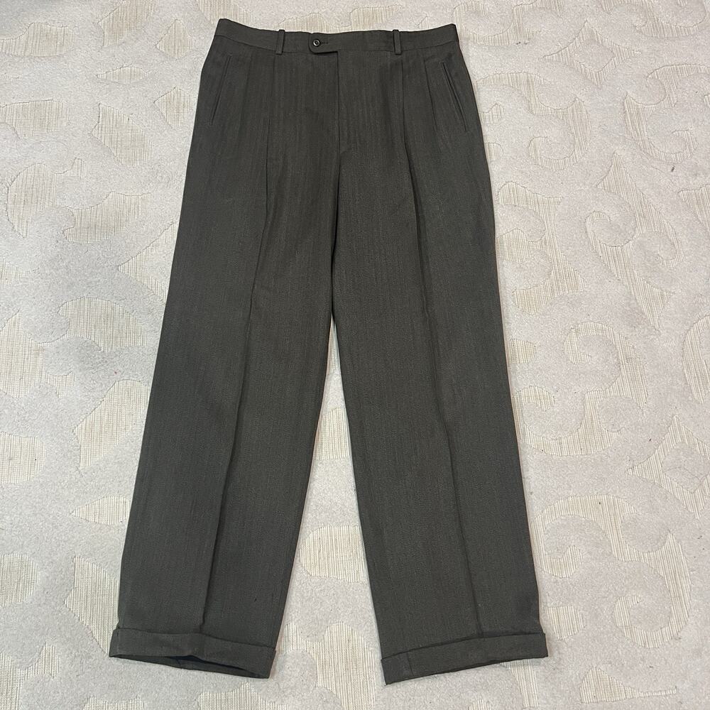 Vtg France Made Bernard Zins 36x31 Green Wool Pleated Cuffed High Waist Pants